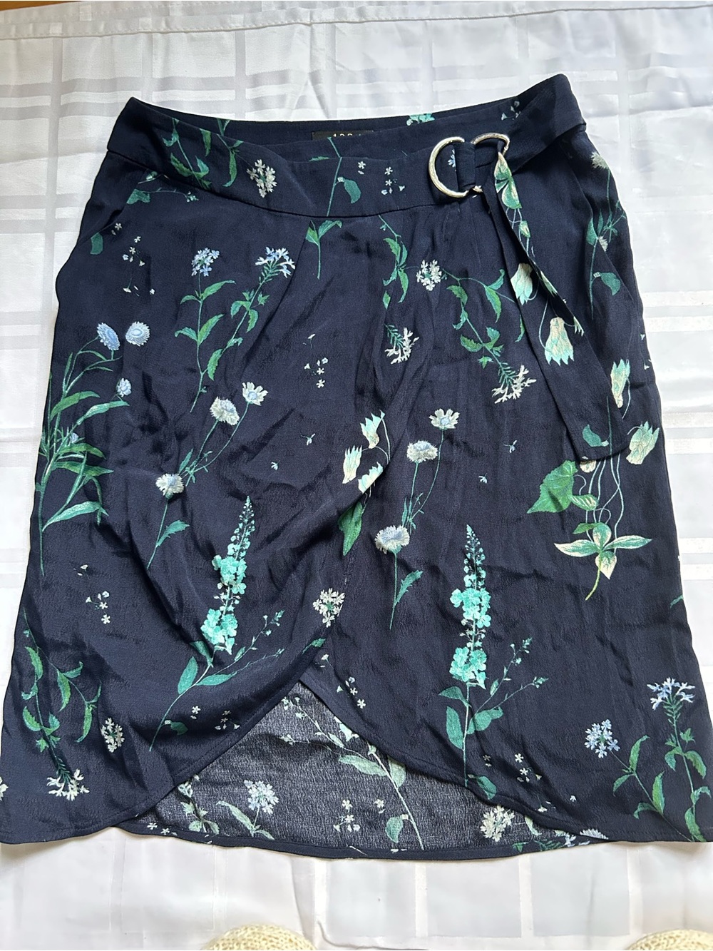 Navy Floral High-Low Wrap Skirt with Belt Accent